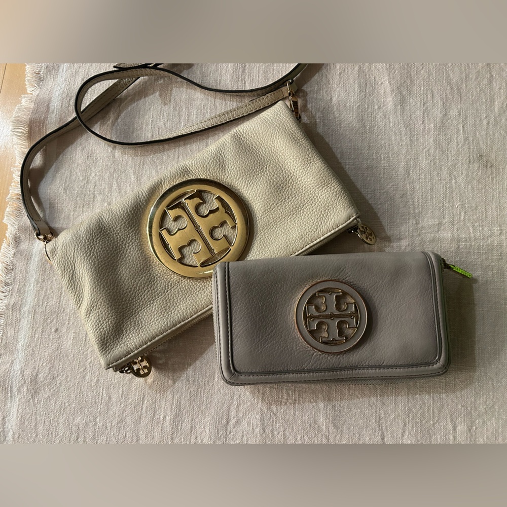 Tory Burch Crossbody Bag + Wallet Set Pebbled Leather Cream Gold Logo
